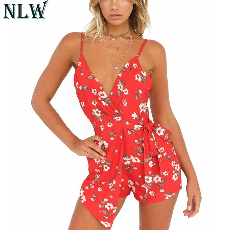 NLW Red Floral Print Romper Summer Wrap Overalls Short Jumpsuit Women Girl Bodysuit Coveralls Beach Backless Party Chic Playsuit | Женская