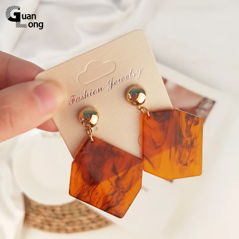 

GuanLong Vintage Fashion Acetic Acid Acrylic Metal Dangle Long Earings for Women Big Geometric Acetate Resin Jewelry Brincos