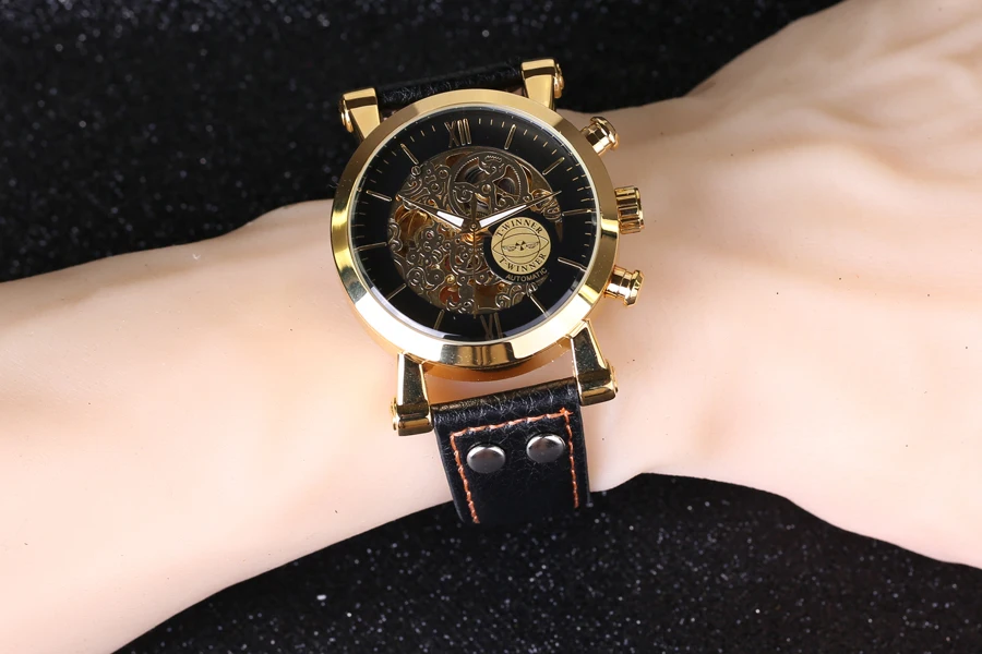 Часы наручные Winner Мужские автоматические брендовые Роскошные модные золотистые