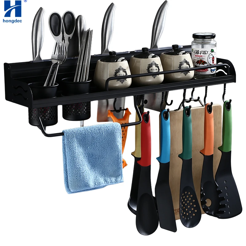 

Hongdec Wall Mount Black Kitchen Storage Rack Shelf Kitchenware Cutlery Holder Organizer Drilling | No Drilling Required