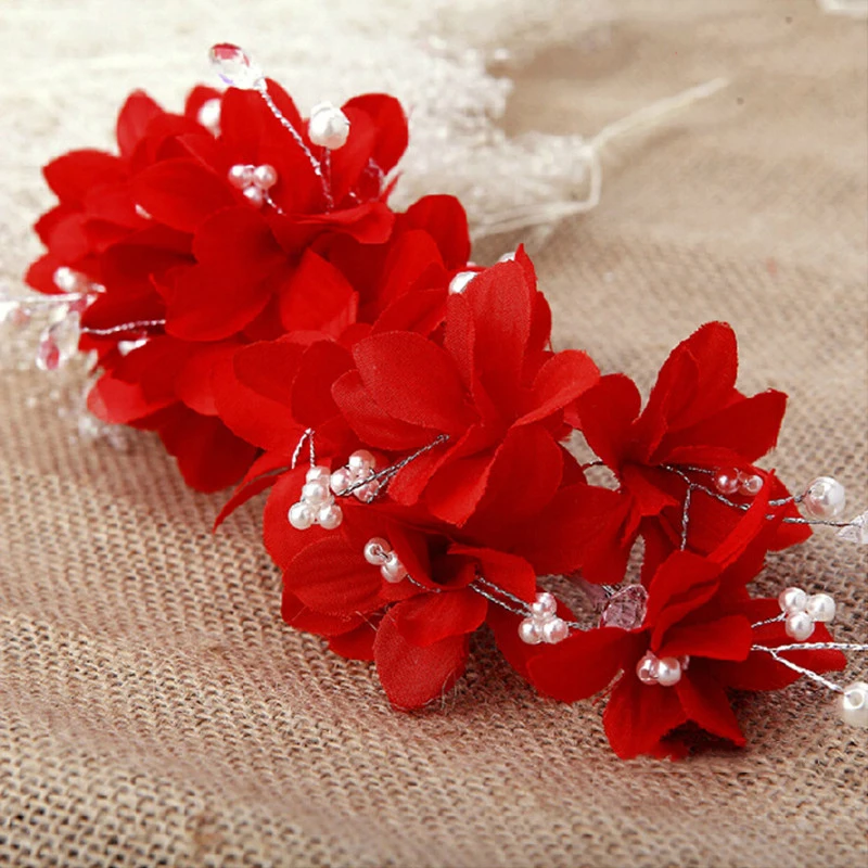 Новый дизайн красный цветок свадебный головной убор искусственные жемчужные