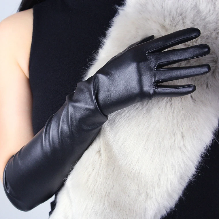 

Women's PU leather black color touchscreen long gloves female fashion long driving glove 50cm R1226