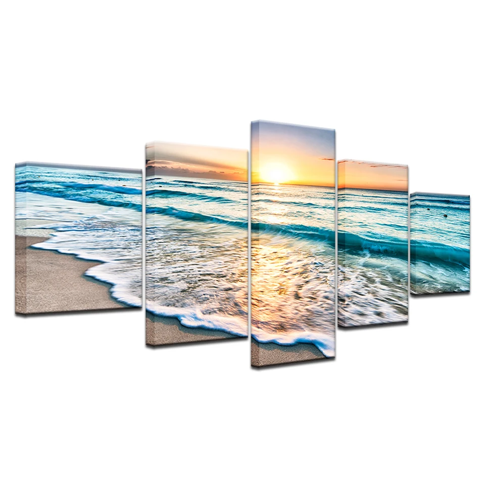 

5 Panels Sunset Beach Wall Art Canvas Sea Wave Seascape Picture Art Prints Ocean Canvas Painting for Living Room Wall Decor Gift