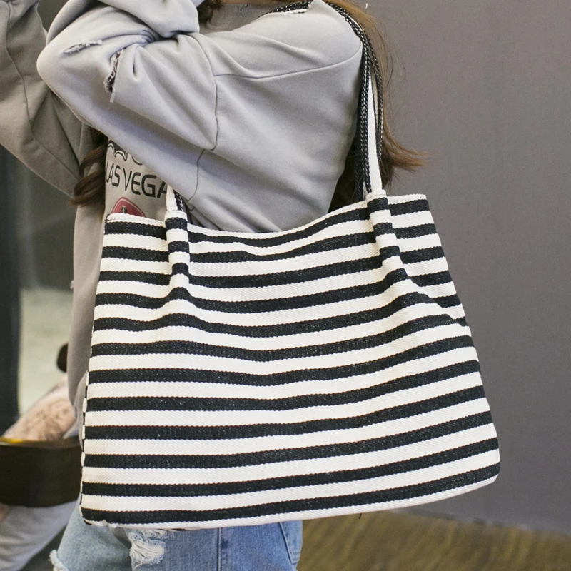 XNO Новая Мода Полосатый Женщины Плеча Сумки большой емкости Холст Краткое