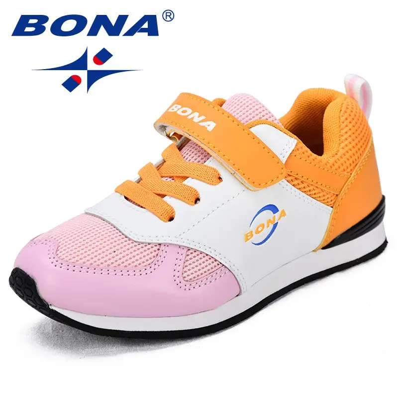 WHITE ORANGE PINK BONA/Новое поступление; Классические Стильные Детские кроссовки; повседневная обувь из синтетической сетки для мальчиков; обувь для отдыха на застежке-липучке для девочек; - Цвет: WHITE ORANGE PINK
