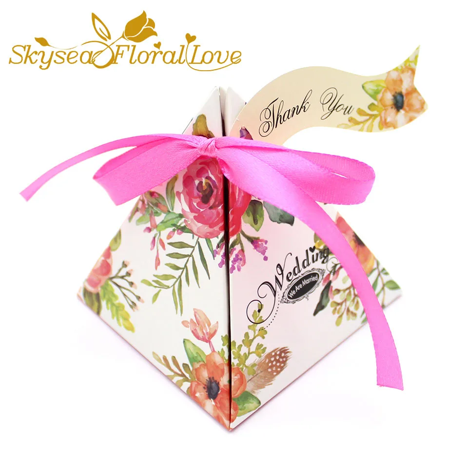 hot Pink Свадебная коробка для конфет, Подарочная коробка, Цветочная лента, коробка в виде пирамиды, Подарочная коробка, бумажный пакет, свадебные подарки для гостей, свадебное украшение, 50 шт./лот - Цвет: hot Pink
