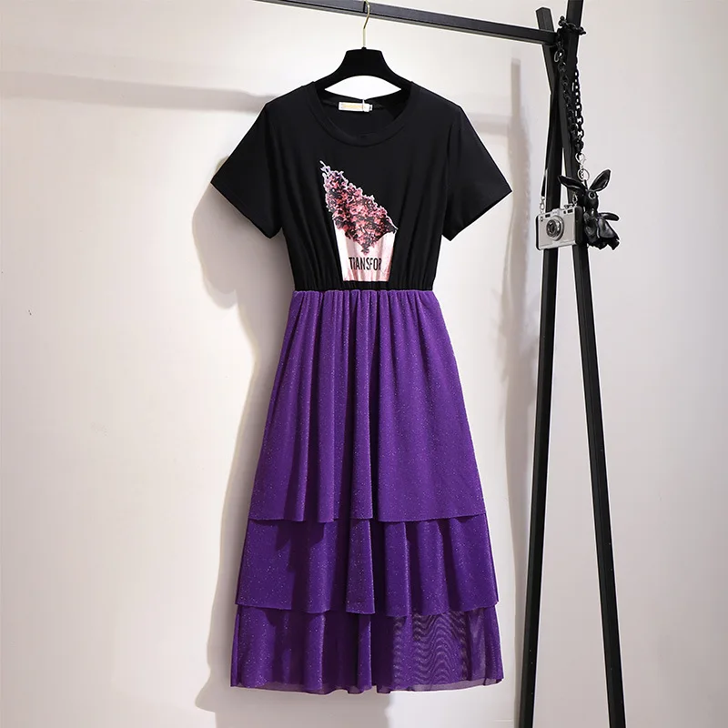 2XL-6XL, летнее женское длинное платье большого размера, повседневное, плюс размер, женское платье с оборками, фиолетовое, имитация двух частей, Платья 5XL
