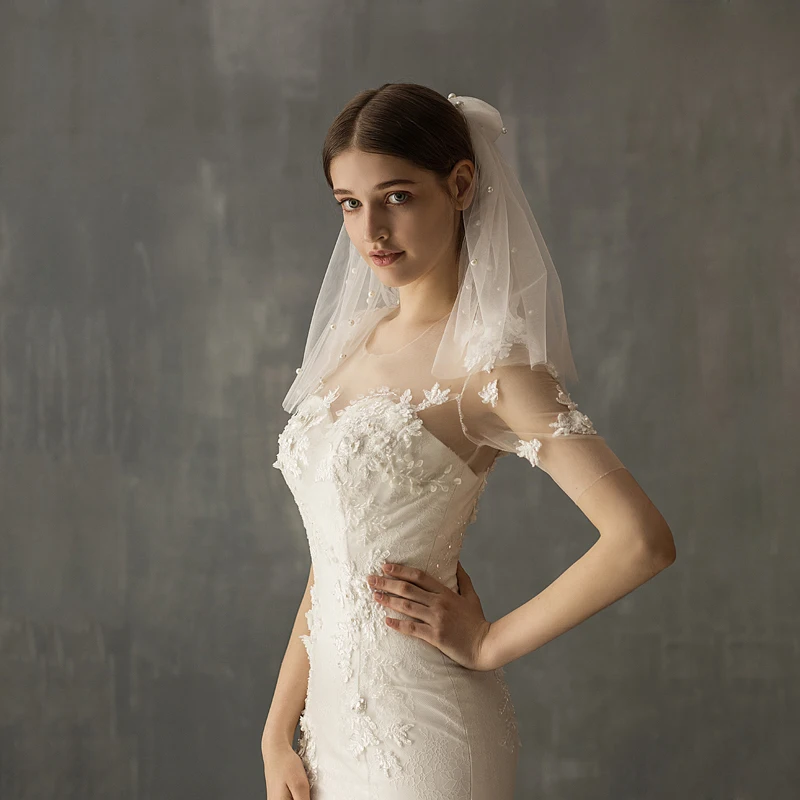 SLBRIDAL двухслойные жемчужины бантом свадебные фаты для лица с гребни невесты Фата свадебная одежда аксессуары для невесты Mariage для женщин