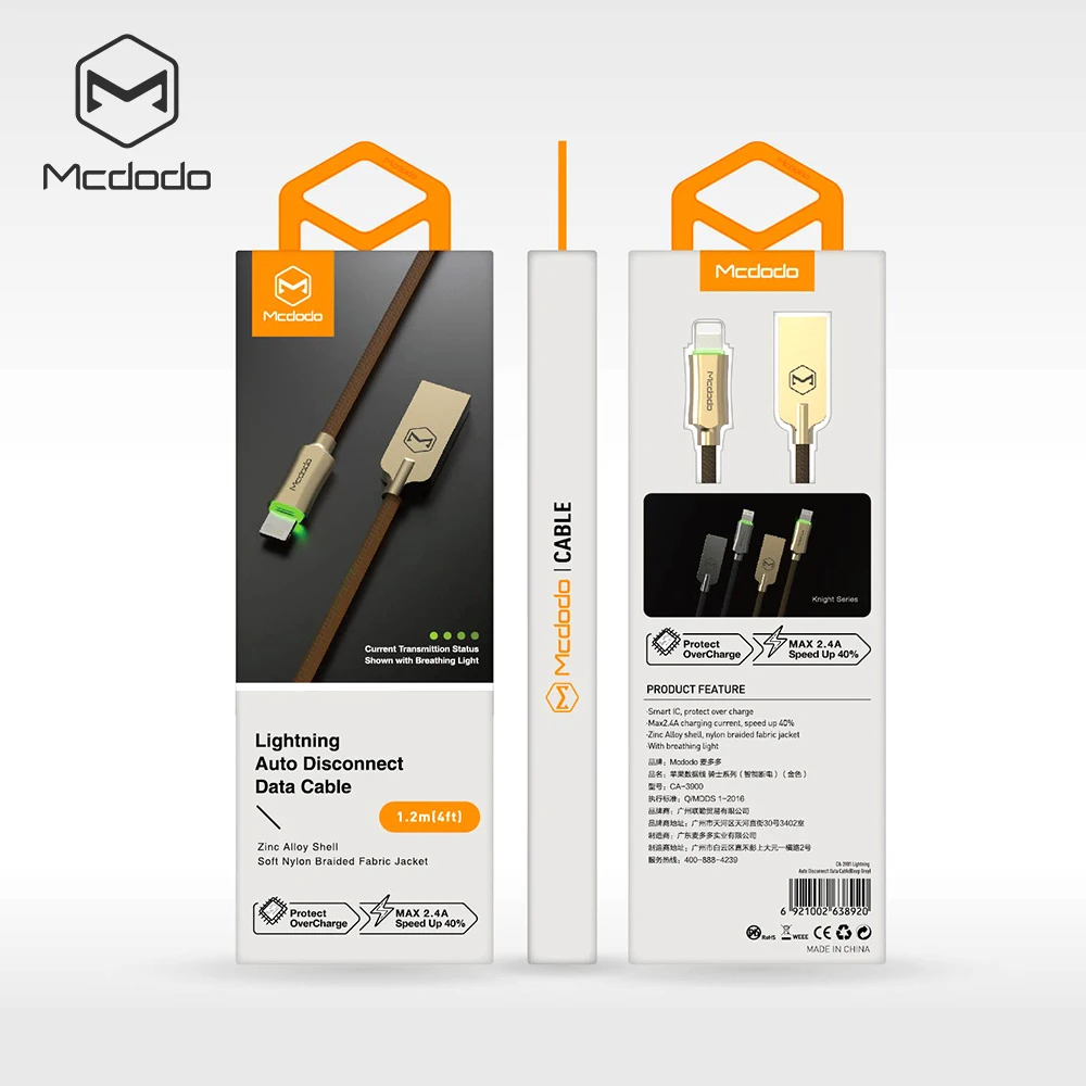 Mcdodo Lightning-USB кабель для iPhone x 7 8 Plus xs max xr автоматическое отключение кабель передачи данных для быстрой зарядки для iPhone 5S 6 S светодиодный