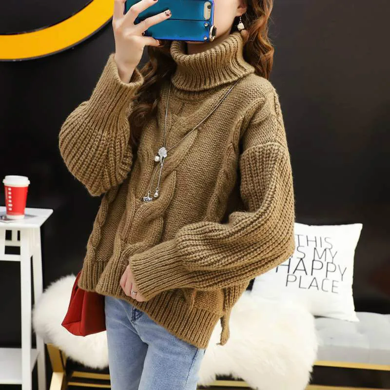 Korean Style Women Pullover Sweater Woman Winter 2020 Jumper High Collar Long Sleeve Thickened Loose Lady One Size Solid Autumn Женская