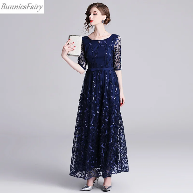 BunniesFairy 2019 летнее Новое Женское платье высокого класса темно синие листья