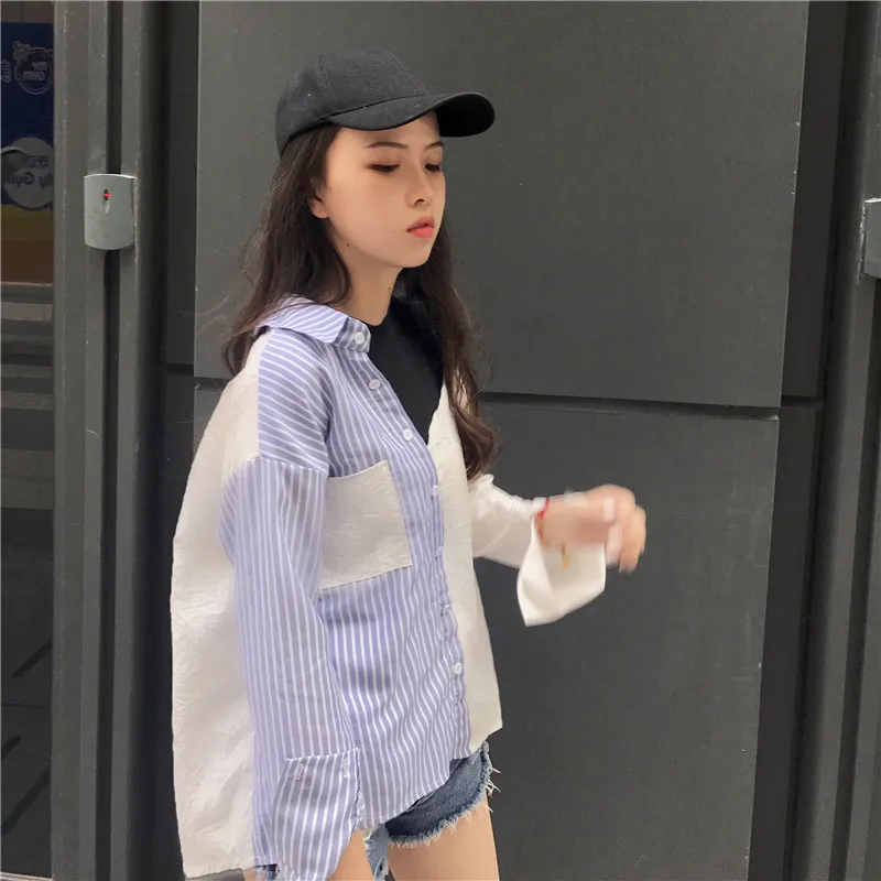 PEILING DRAGON Female Student Two-color Stitching Striped Strapless Shirt Long Sleeve All-match False Two Blouse T173 |