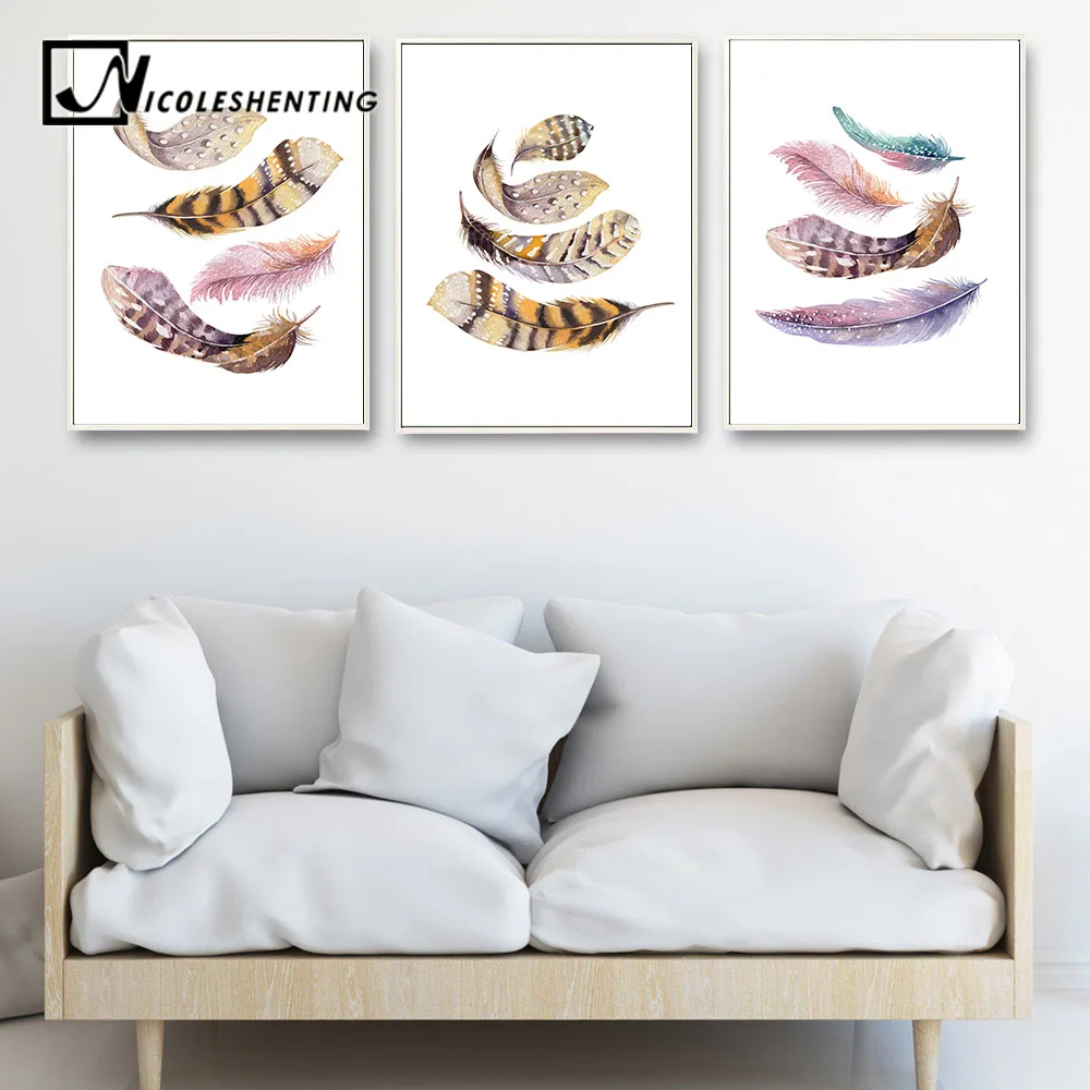 Плакат на холсте с изображением перьев и акварельных красок|living room decoration|wall