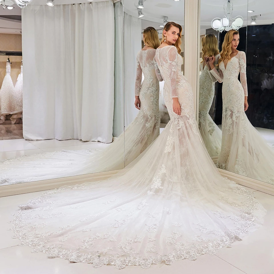 Dressv v-образным вырезом Свадебное платье Русалка Аппликации с длинным рукавом