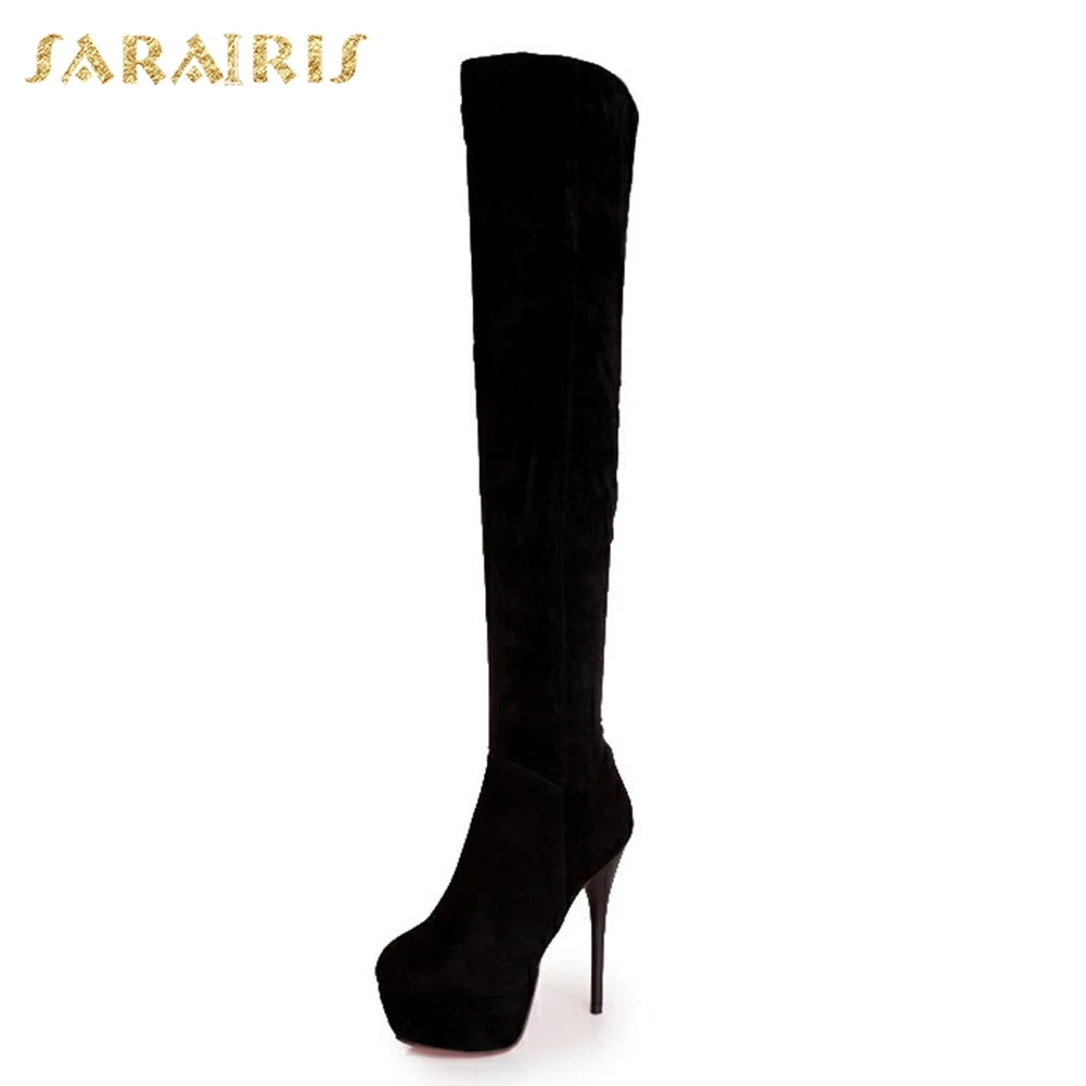 Черный SARAIRIS/распродажа, большие размеры 32-43, Сапоги выше колена модные вечерние женские туфли на высоком тонком каблуке и платформе женские высокие сапоги - Цвет: Черный