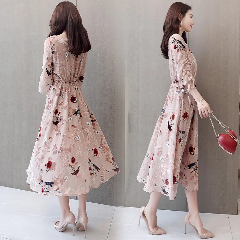 Платье женское с цветочным принтом весеннее/летнее шифоновое платье о вырезом и