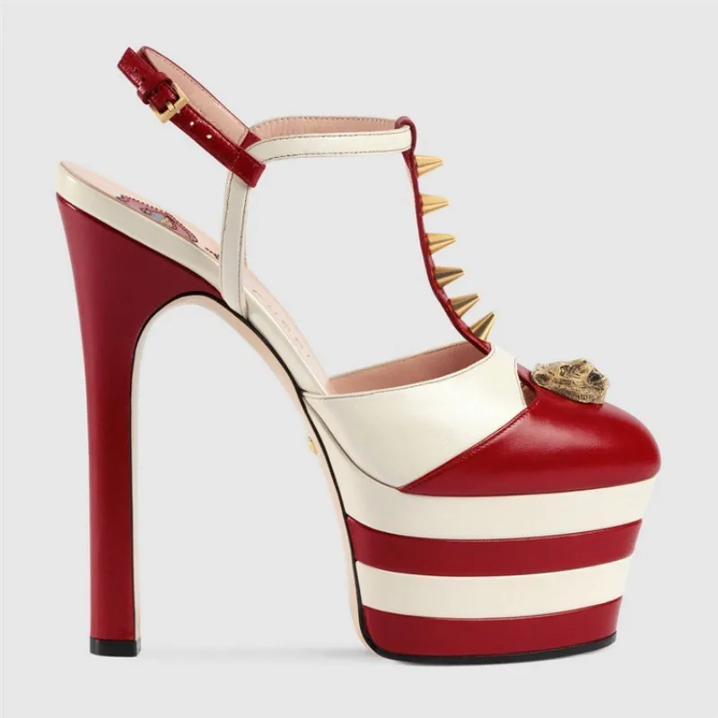 red striped Подиумные босоножки из натуральной кожи с ремешком на лодыжке на высоком каблуке летние женские босоножки на платформе женская обувь на тонком каблуке с закрытым носком 34-43 - Цвет: red striped
