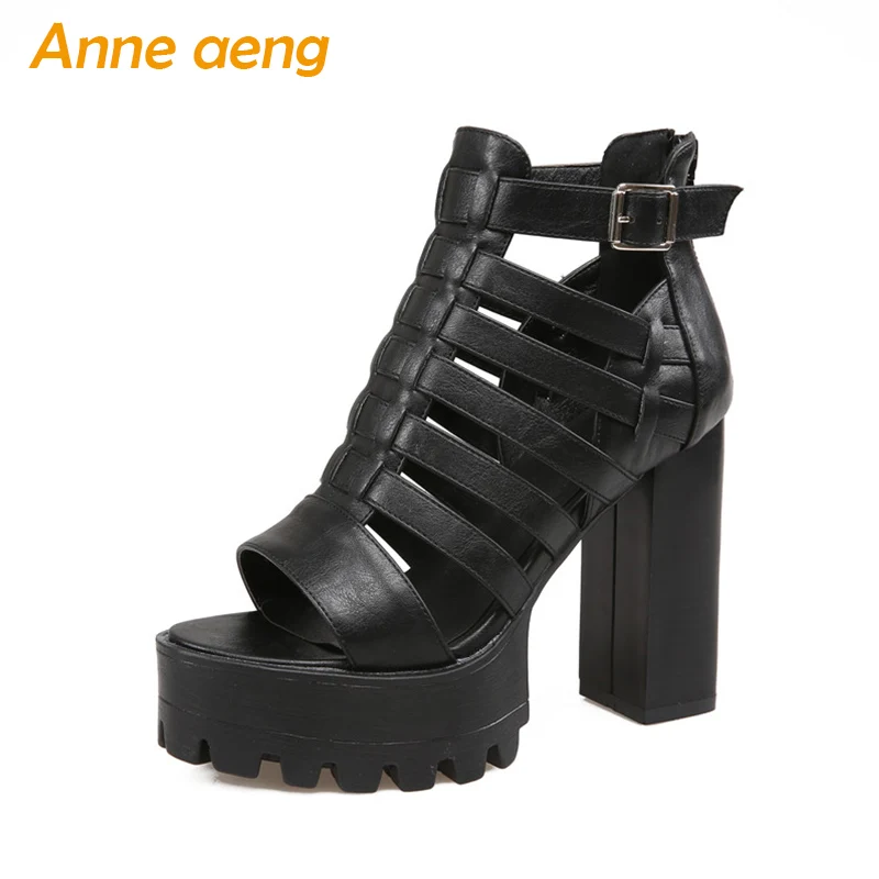 

summer women sandals high square heel with platform buckle zip sexy lady Gladiator mature black white round toe peep shoes women