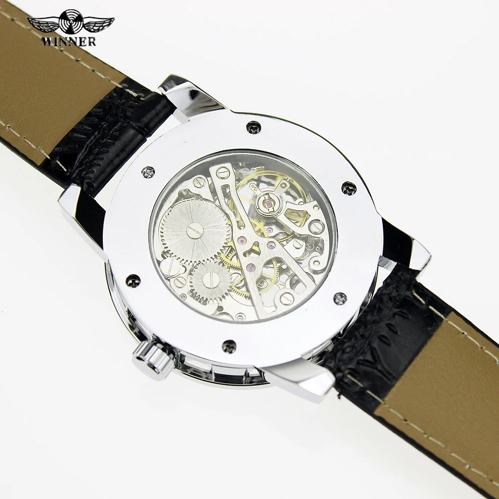 Победитель винтажные Брендовые мужские механические часы Скелет Черный Кожаный
