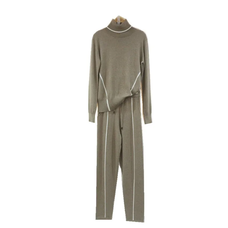 2020 Turtleneck Hot Sale Cashmere Suit High Collar Long Sleeve Pullover Sweater Casual Feet Trousers Fashion Two-piece Female |