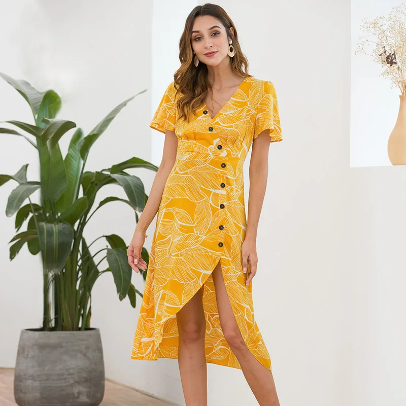 

Slim One-Piece Dress 2019 New Fashion Women Printed Button Dress Womens Irregular Mid-Long Style Deep V Yellow Vestidos Dress