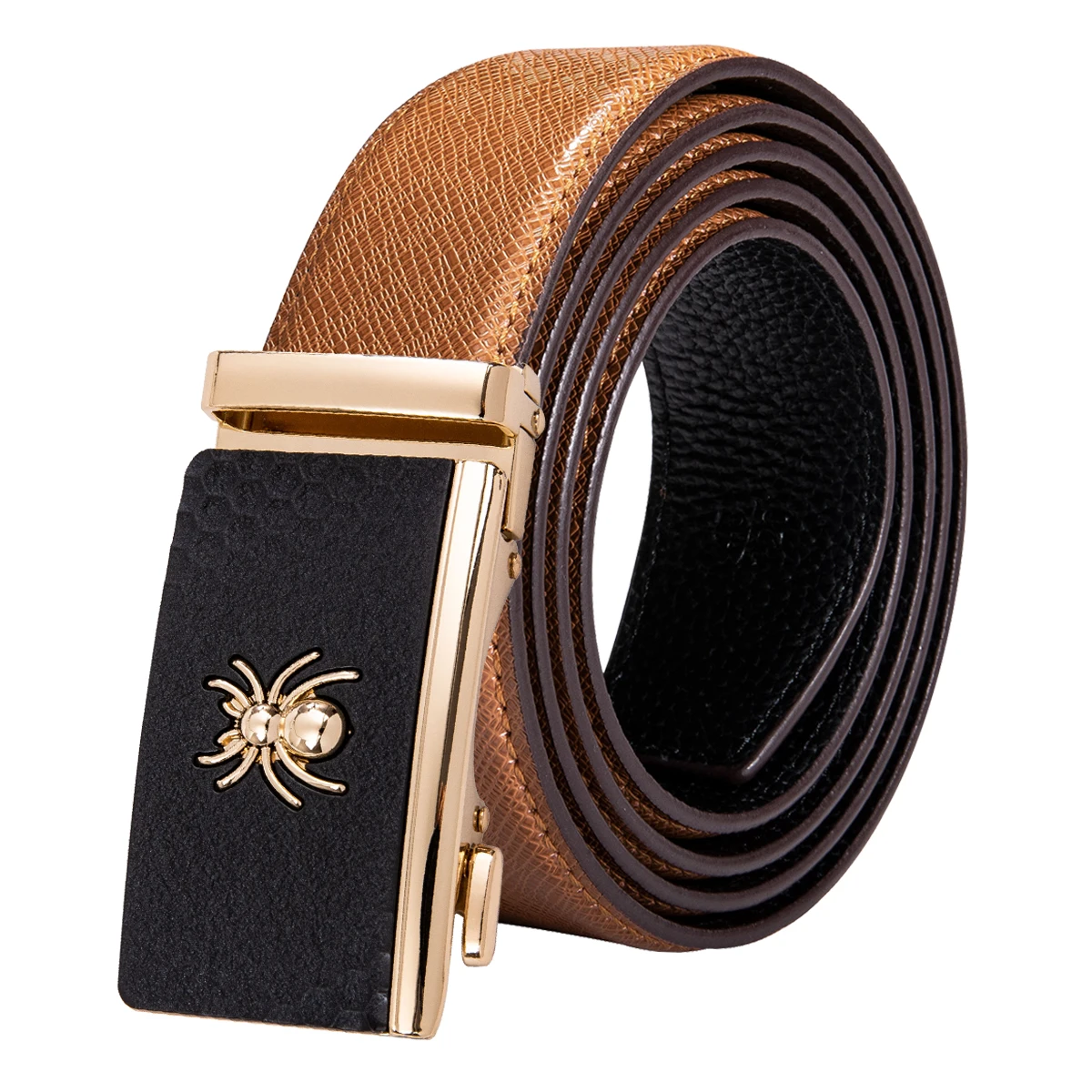 Ремень мужской из натуральной кожи с автоматической пряжкой желтого и золотого