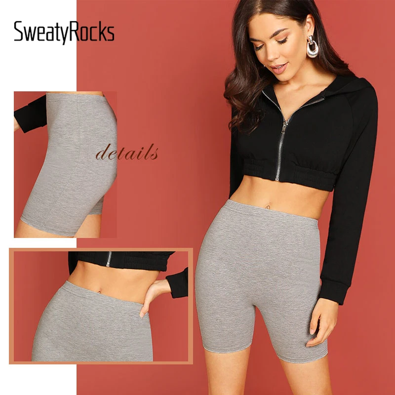 Серые одноцветные велосипедные шорты с высокой талией SweatyRocks, женская одежда для активного отдыха, летние байкерские шорты, обтягивающие спортивные шорты для отдыха, женские Стрейчевые шорты