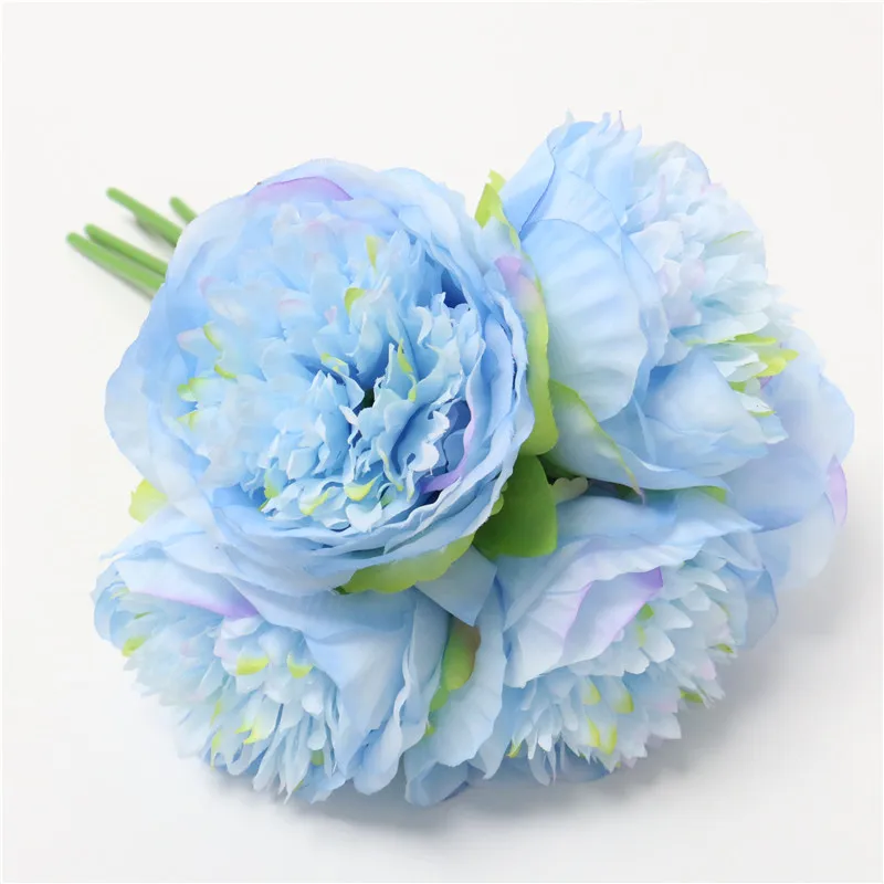 5 головок ручной искусственный милый пион шелковые цветы высококлассный Свадебный букет Искусственные цветы, роза, украшение для дома, отеля, вечерние - Цвет: Blue