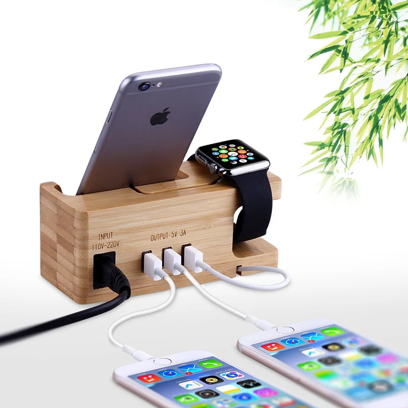 2 в 1 держатель для мобильного телефона+ 3 USB зарядное устройство для хранения Универсальная деревянная зарядная док-станция заряд держится долго для iWatch для iPhone для UMI