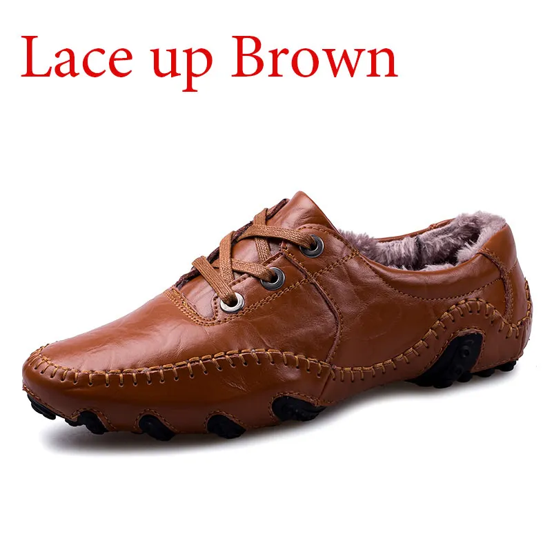 lace up brown Зимняя повседневная мужская обувь на меху; мужские лоферы в британском стиле; обувь из натуральной кожи; мужские мокасины на плоской подошве; Мужская обувь для вождения - Цвет: lace up brown