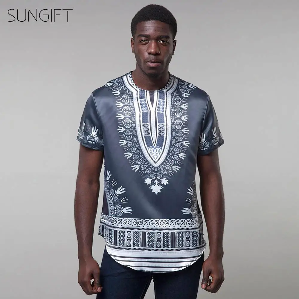 SUNGIFT Африканский Мужской Топ одежда короткий рукав Дашики принт круглый воротник Мужская футболка лето