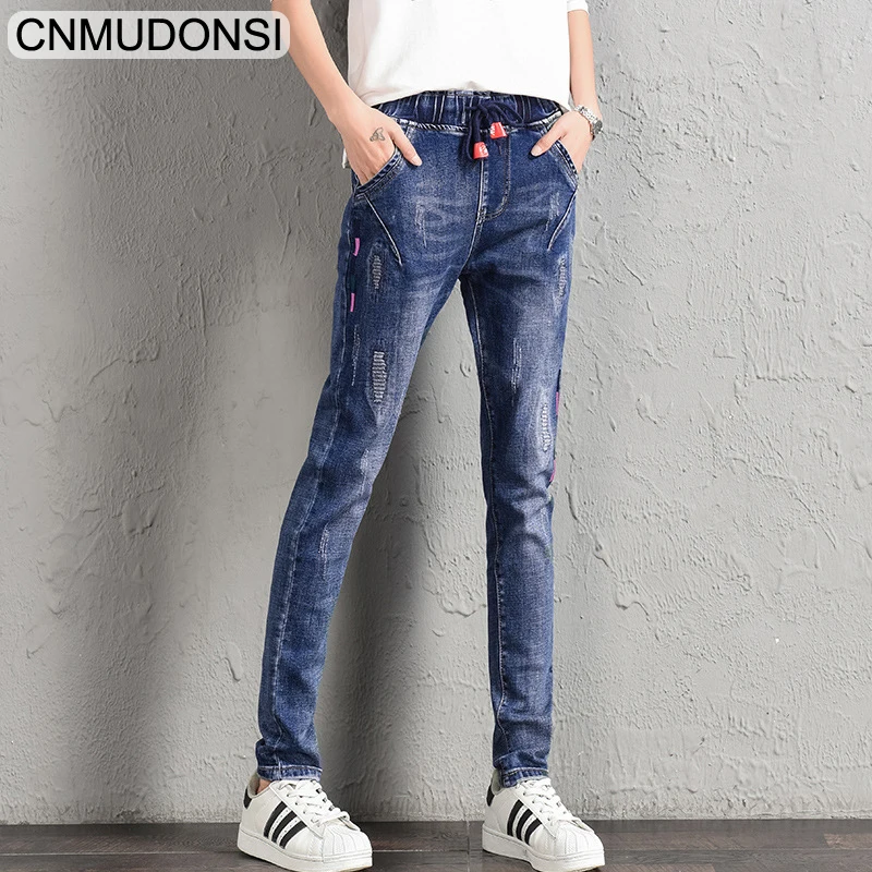 CNMUDONSI2019 New Women's Clothing Jeans Loose Wasit Plus Size Girls Korean Thin Casual Pants Students Leisure 26~32 | Женская