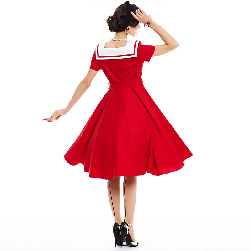 Queenus винтажное платье 1950 S стиль лето красное Pin Up с коротким рукавом морской