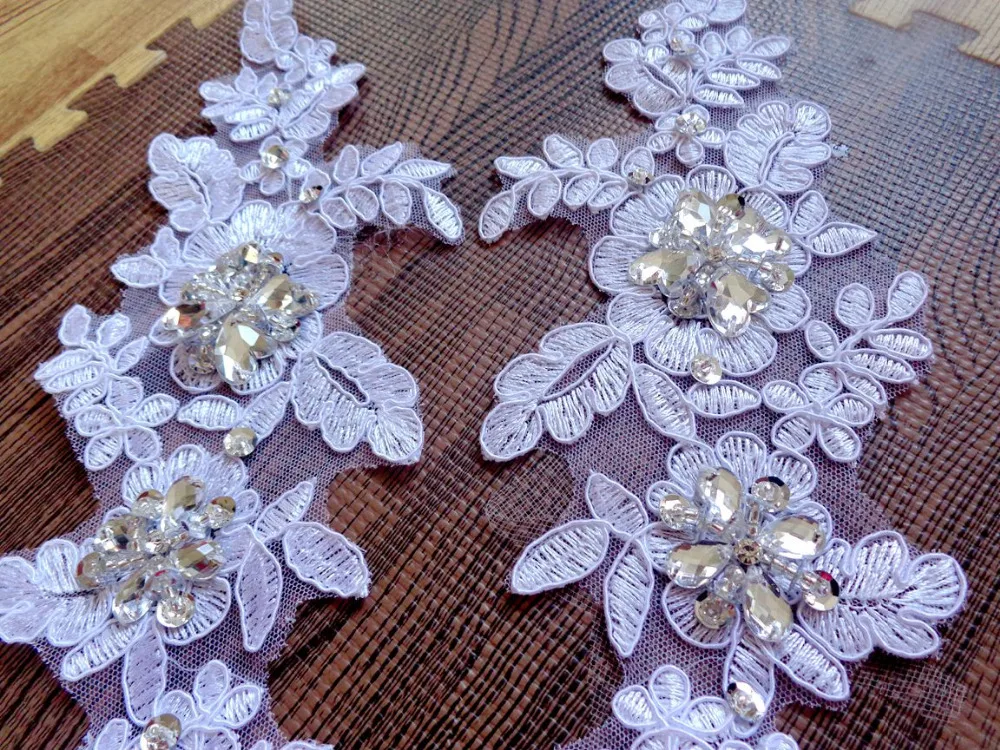 

Handmade sew on pure white patches Rhinestones lace applique Delicate embroidered 25*9cm