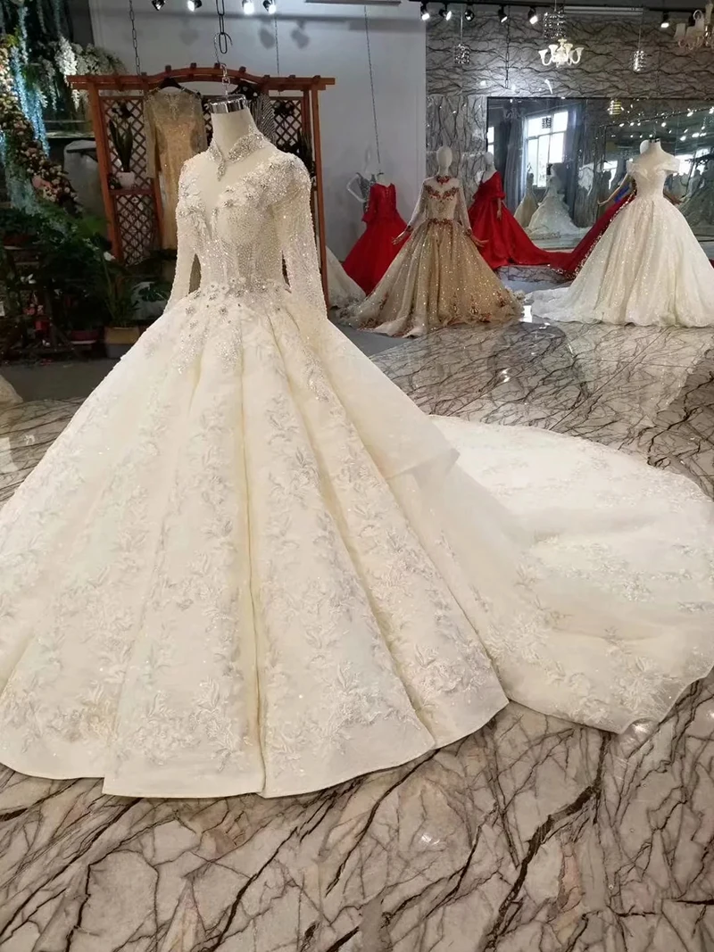 LS11201 Luxury Muslim Wedding Dress High Neck Lace Up Crystal Bridal Dress Wedding Gown Floor Length Pleat Skirt With Train 2021