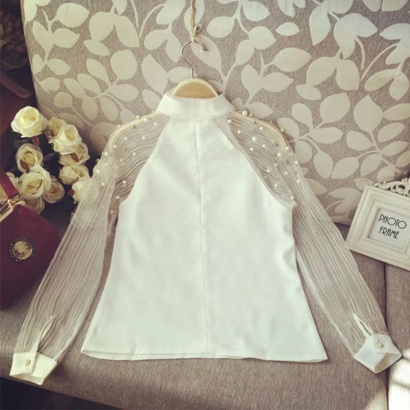 Модная женская рубашка с бантом из жемчуга Повседневная шифоновая Блузки белого