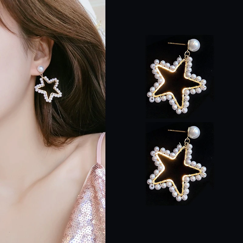 

S925 Silver Needle Gold Tone Five-pointed Star Pendant Earrings Exquisite Pearl Star Earrings For Women Fashion New Cute Jewelry