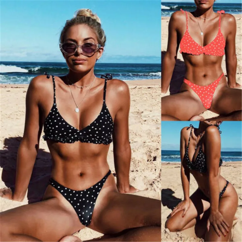 Женский купальник бикини в полоску с пуш апом черный горошек|Купальники| |