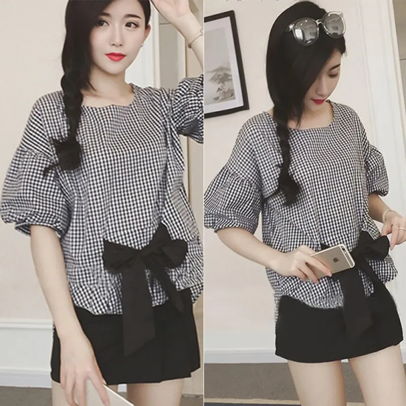 

Women Casual Round Neck Blouses Half Sleeve Plaid Printed Tops Female Loose Bows Blouse Lady Versatile Tee