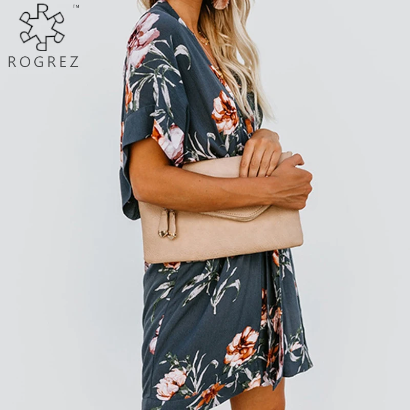 ROGREZ Бохо с цветочным принтом повседневные короткие рукава Глубокий v образный