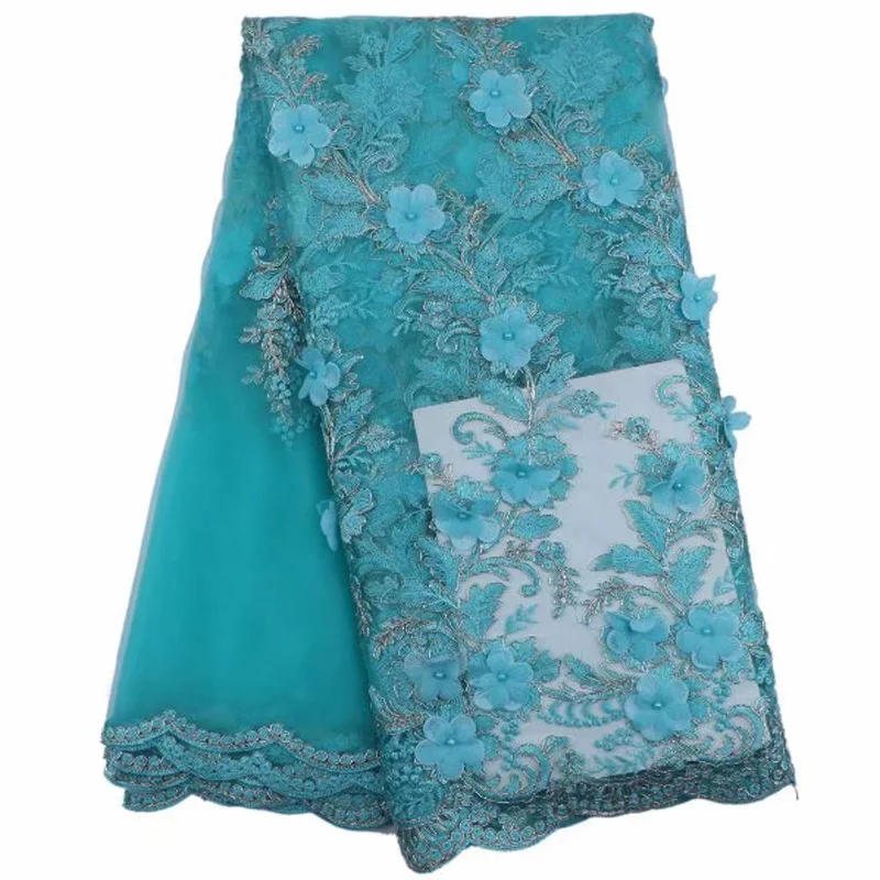(5 ярдов/шт) морской зеленый африканский тюль кружевная ткань 3D Цветы аппликация