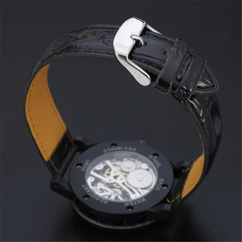 Мужские механические часы скелетоны Winner наручные мужские с кожаным ремешком