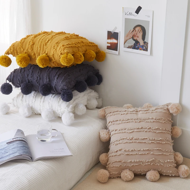 Solid Cushion Cover Floral Tassels Square Pillow case White Yellow Grey Pillow Cover 45x45cm Home Decoration Sofa 18" Pompom