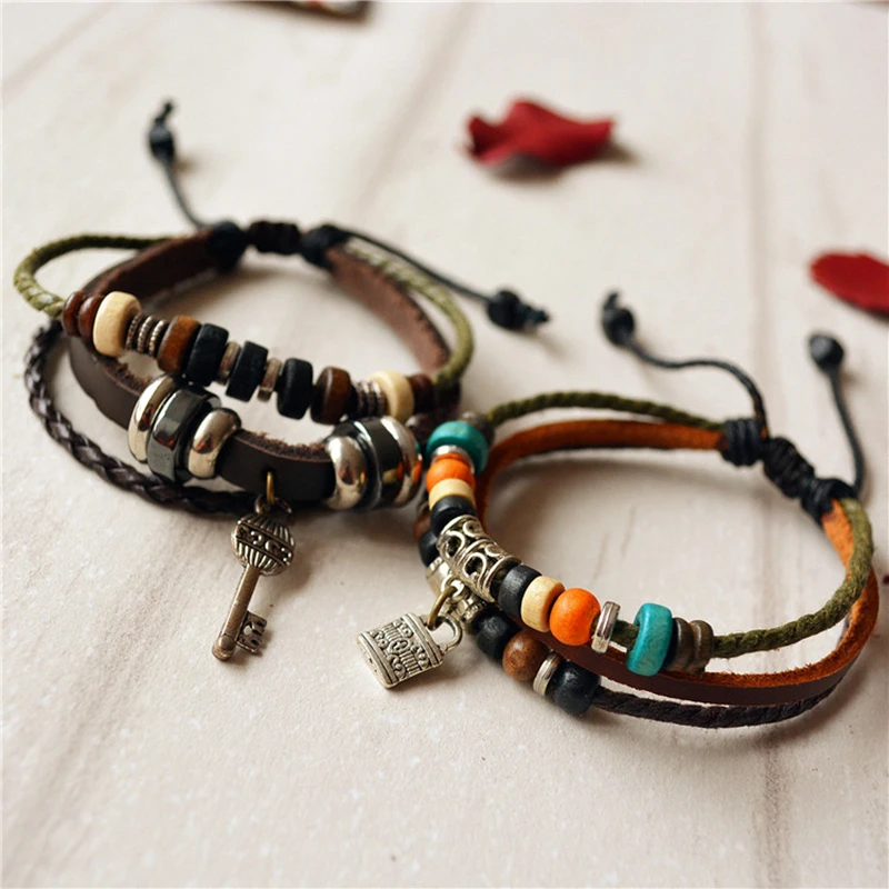 8 сезонов модные ювелирные изделия многослойные винтажные плетеные кожаные браслеты деревянные бусины