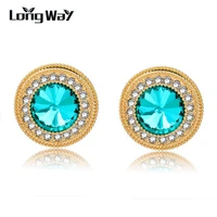 longway gold color stud earrings brand jewelry round blue crystal earrings for womenearings fashion jewelryboucle ser150078
