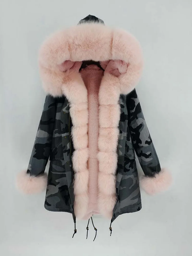 Camouflage2 Pink Женская парка пальто с капюшоном и воротником из натурального Лисьего меха зимняя Толстая теплая меховая куртка высокого качества пальто S8201 - Цвет: Camouflage2 Pink