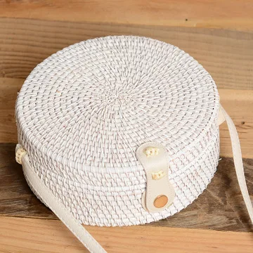 Круглые соломенные сумки, женская летняя сумка из ротанга, ручная работа, тканая пляжная сумка через плечо, круглая богемная сумка, БАЛИЙСКАЯ сумка - Цвет: whitepikou20x8