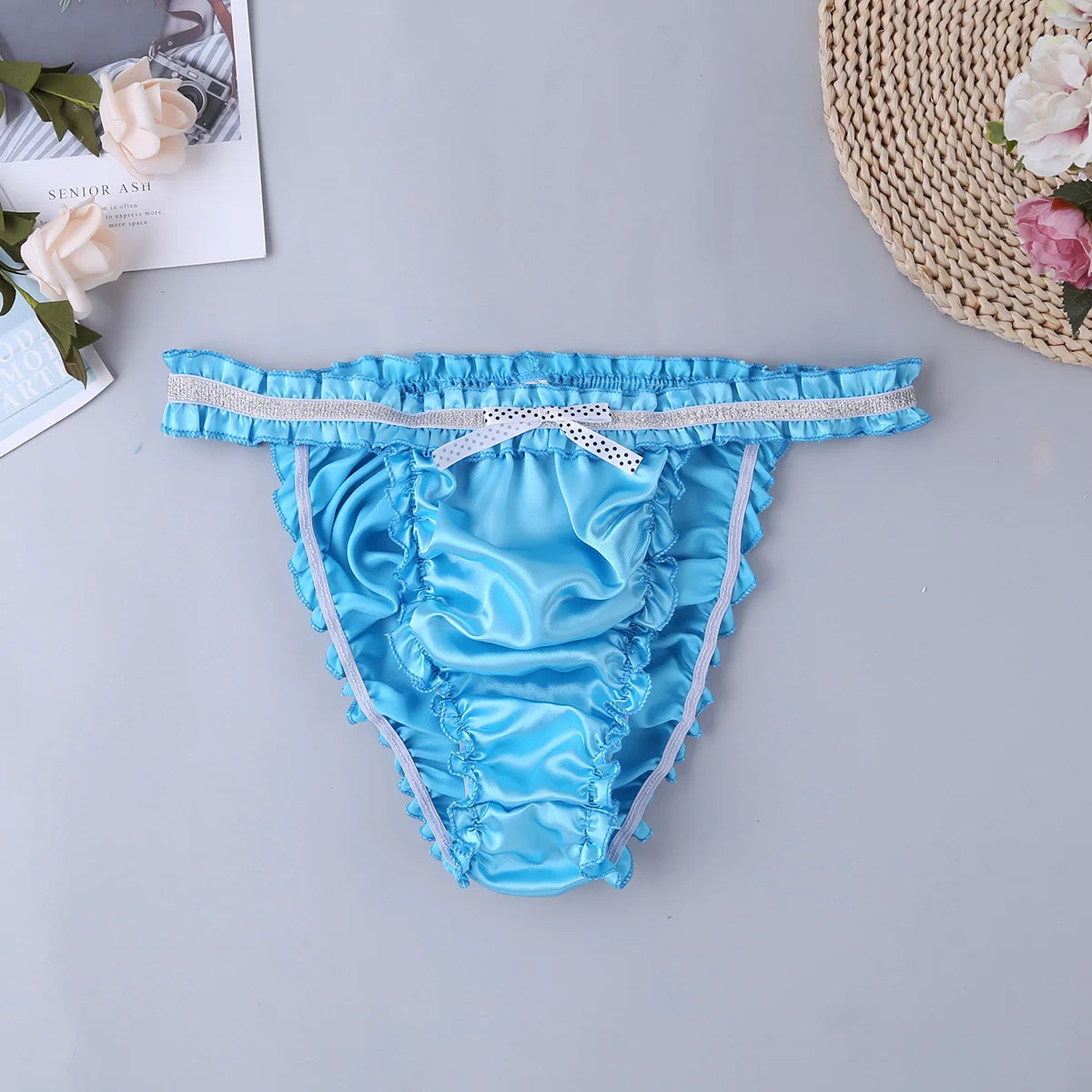 Мужское нижнее белье Sissy, мягкие блестящие атласные трусики с подвязками, рюшами, оборками, низкой посадкой, тянущиеся бикини, трусы, нижнее белье, трусики