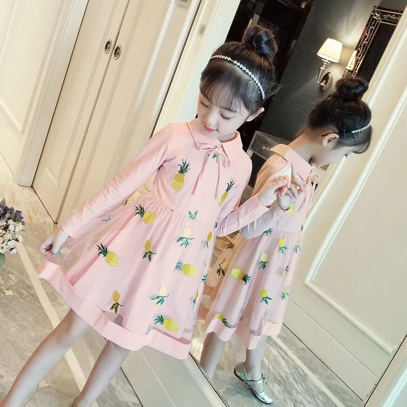 Autumn Pineapple Print Girl Dress Long-Sleeve Cartoon Design Girls Birthday Kids Clothes Princes Party | Детская одежда и обувь