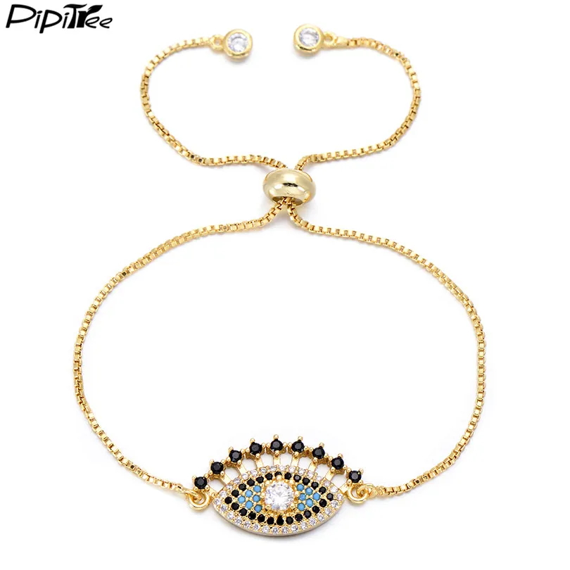 gold Pipitree Соблазнительные длинные ресницы Evil Eye регулируемый браслет с бусинами циркониевый камень cz проложенный ювелирный браслет из цепочек для женщин и мужчин - Окраска металла: gold